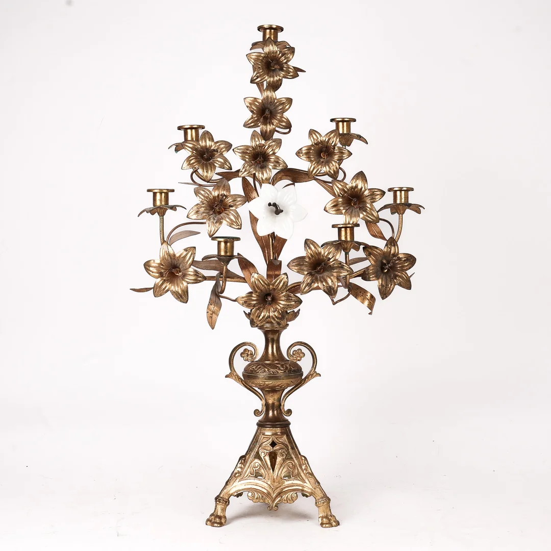 French church candlestick with porcelain flower — Silver, bronze, copper and pewter/Bronze, copper, brass, pewter — Lauritz