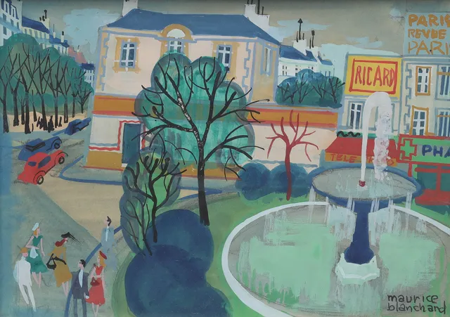 MAURICE BLANCHARD. blandteknik på papper, fontän i Paris, signerad.