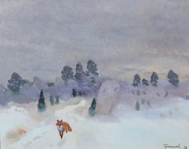 HARALD GRENNARD. Olja på duk, räv i vinterlandskap, signerad.