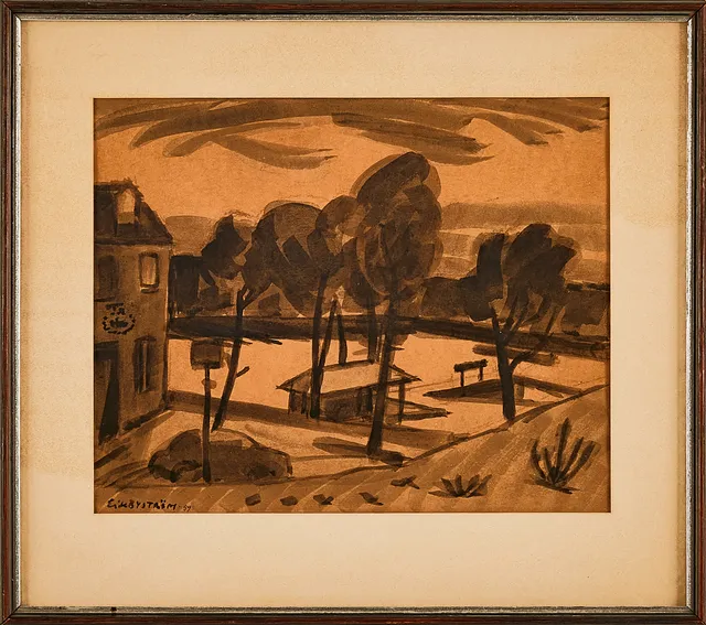 ERIK BYSTRÖM. Skolgård, akvarell, signerad, daterad -59.