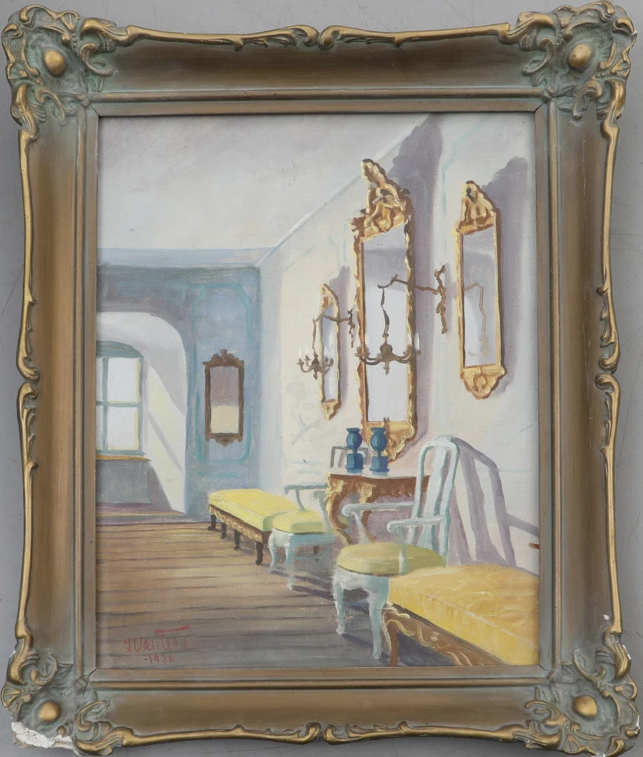 OIDENTIFIERAD KONSTNÄR. olja på pannå, Slottsinteriör, signerad och daterad - 1936. — Paintings — Södermanlands Auktionsverk