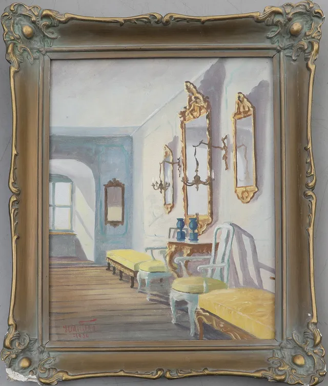 OIDENTIFIERAD KONSTNÄR. olja på pannå, Slottsinteriör, signerad och daterad - 1936.