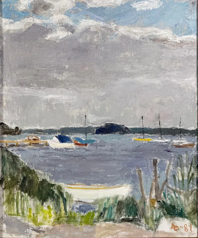 ADOLF OLSSON (1910-1985). . "Port Arthur, Norrtäljeviken" olja på pannå, monogramsignerad AO 10 81.