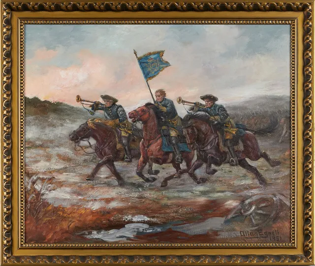 ALLAN EGNELL (1884-1960): Karl XII - karoliner, signerad och daterad allan Egnell 1951, olja på duk.