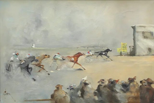 HENNING PAULSSON. På travbanan, olja på duk, signerad.