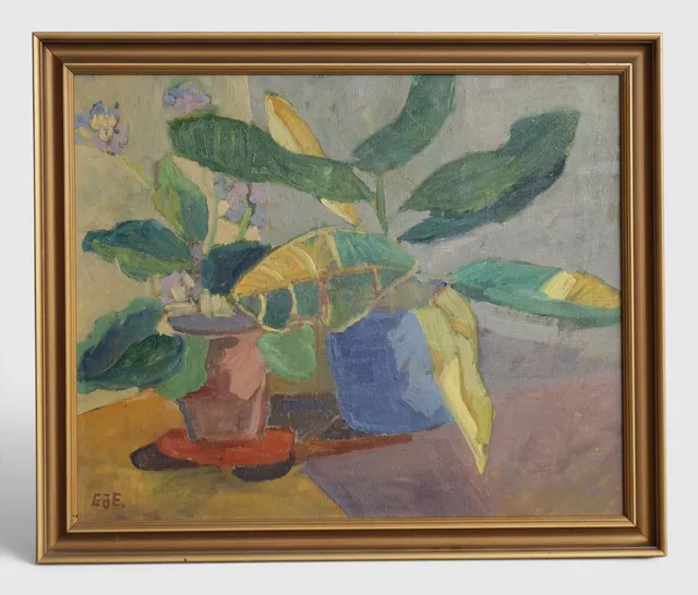 Uden titel. Stilleben med planter, olie på lærred. Ubekendt dansk maler, sign. "Eje". Danmark, ca. 1960-70'erne.