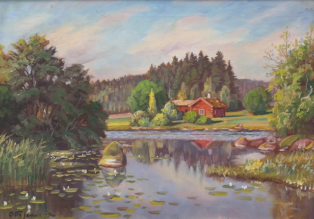 OTTO JANSSON. Olja på duk, stuga vid sjö, signerad.