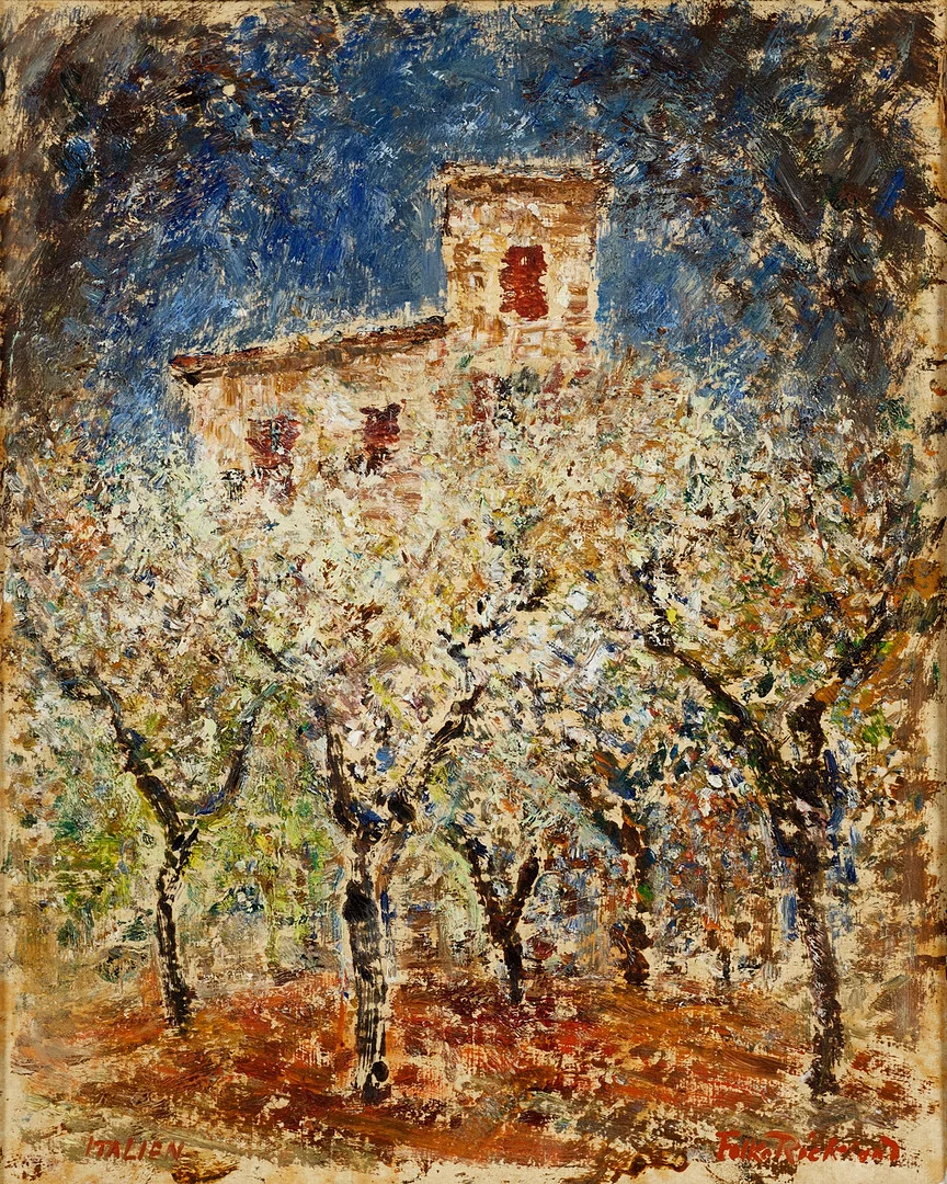 FOLKE RICKLUND (1900–1986). "Blommande trädgård i Italien efter regn", signerad, olja på pannå. — Paintings — Crafoord Auktioner Stockholm
