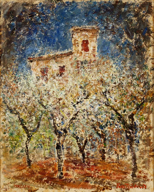 FOLKE RICKLUND (1900–1986). "Blommande trädgård i Italien efter regn", signerad, olja på pannå.