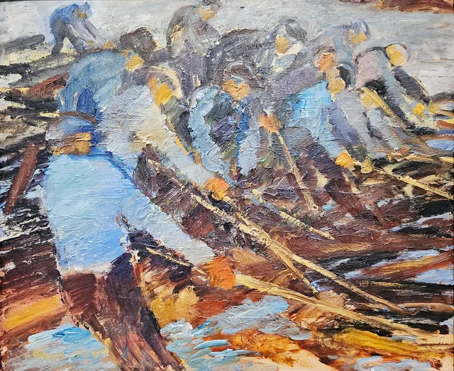 HANNES WAGNSTEDT. "Flottare på Bröten". Olja på pannå, signerad H. Wagnstedt.