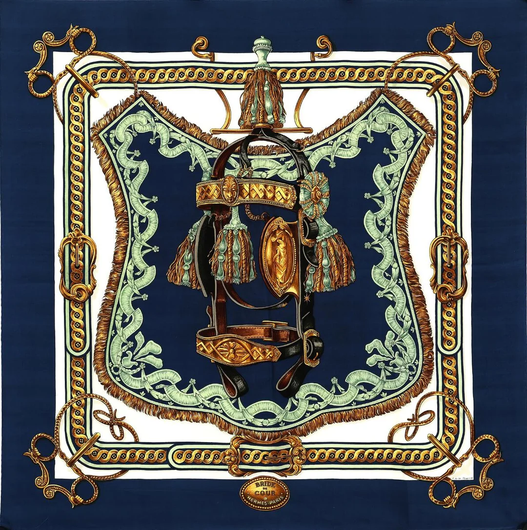 A silk scarf with motif “Bride de Cour” by Françoise de la Perrière. App. 90×90 cm. — Designer Handbags & Fashion — Bruun Rasmussen