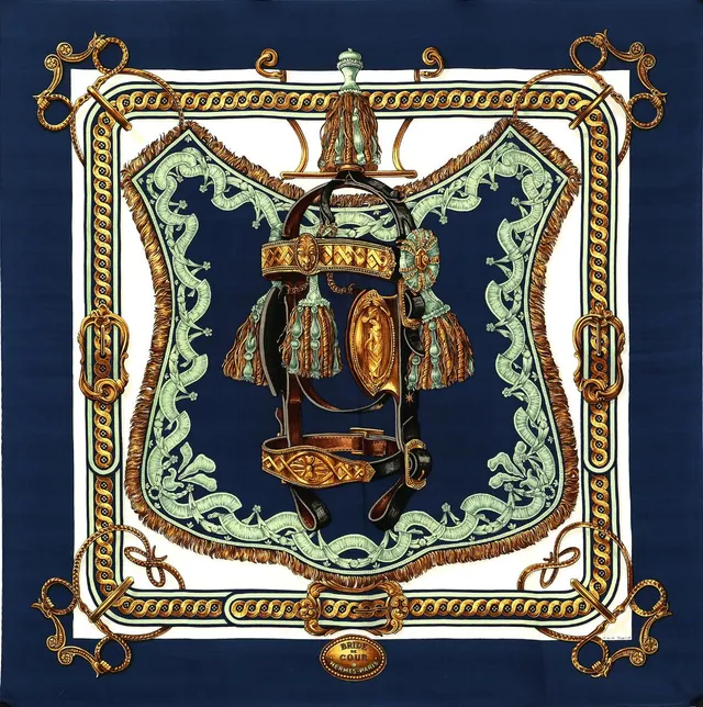 A silk scarf with motif “Bride de Cour” by Françoise de la Perrière. App. 90×90 cm.