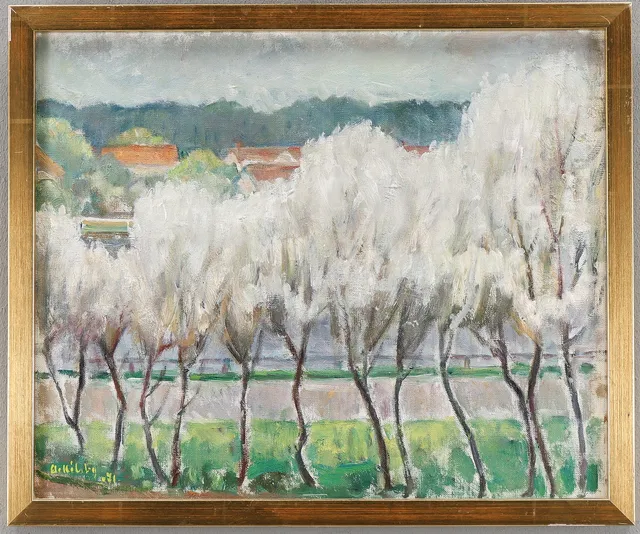ARNE KILSBY. "Blommande körsbärsträd vid älven, Karlstad".