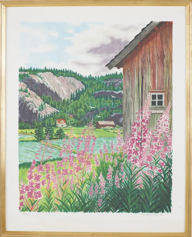 MONA HUSS WALIN. Landskap med hus, färglitografi, signerad samt daterad -82, numrerad 64/460.