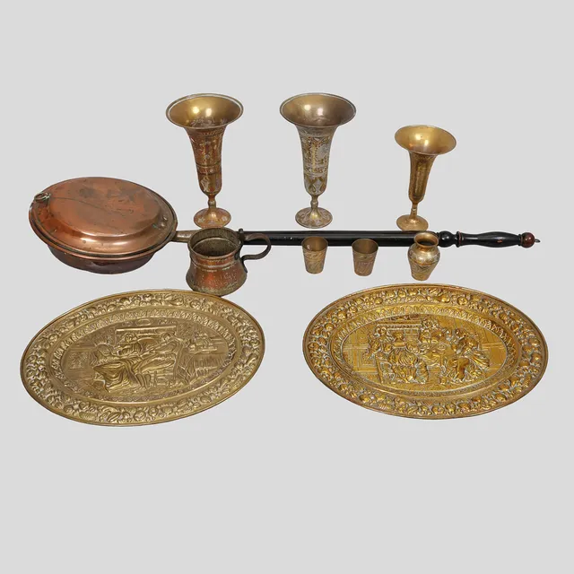 PAIR OF EASTERN BRASS VASES, SMALLER VASE, AND OTHER BRASS AND COPPER.