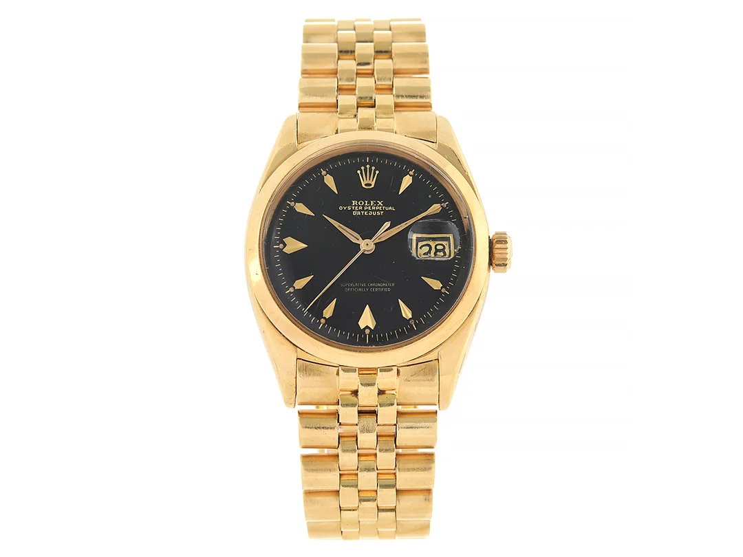 ROLEX, Oyster Perpetual, Datejust (Swiss), Chronometer, s.k. "Gilt Dial", Ref nr. 6604, Serie nr. 249421, Cal 1065, Verk nr. N701770, Boett nr. 6604, herrur, 36 mm, 18K guld, automatisk, plexiglas, datum, Jubileelänk (1981), viklås, Ref nr. D/49, totalvikt 115,1 gram, ca 1957. — Klockor/Rolex — Kaplans