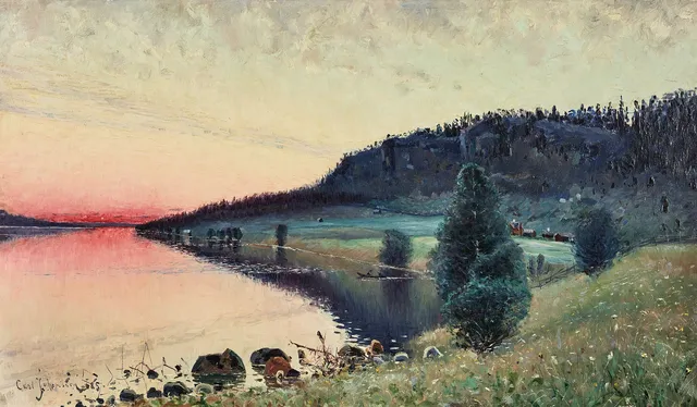 CARL JOHANSSON. Avfärd i gryningen, olja på duk, 50 x 83,5 cm.