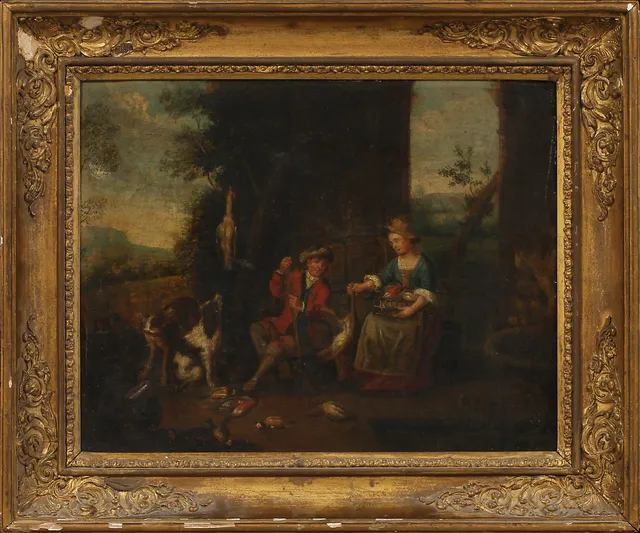 OIDENTIFIERAD KONSTNÄR. Figurscen efter jakten, olja på duk, 1700-tal.