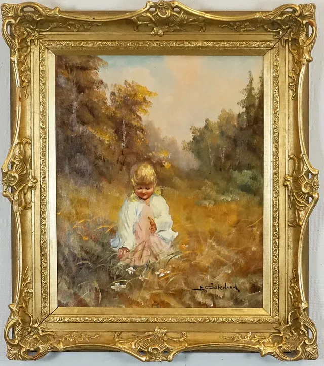 BERT ÖSTERLUND. Flicka på äng, olja på duk, signerad.