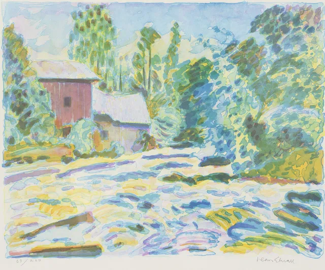 HANS EKVALL. "Kvarnforsen", färglitografi, signerad samt daterad.