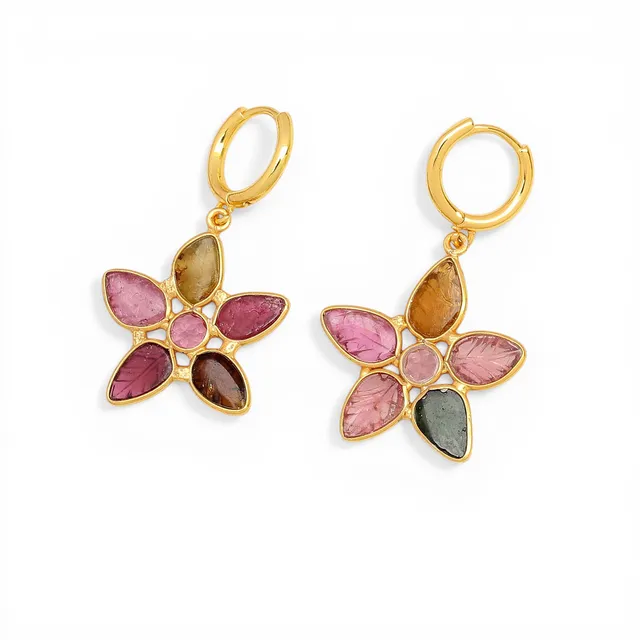 Floral earrings with coloured tourmalines.