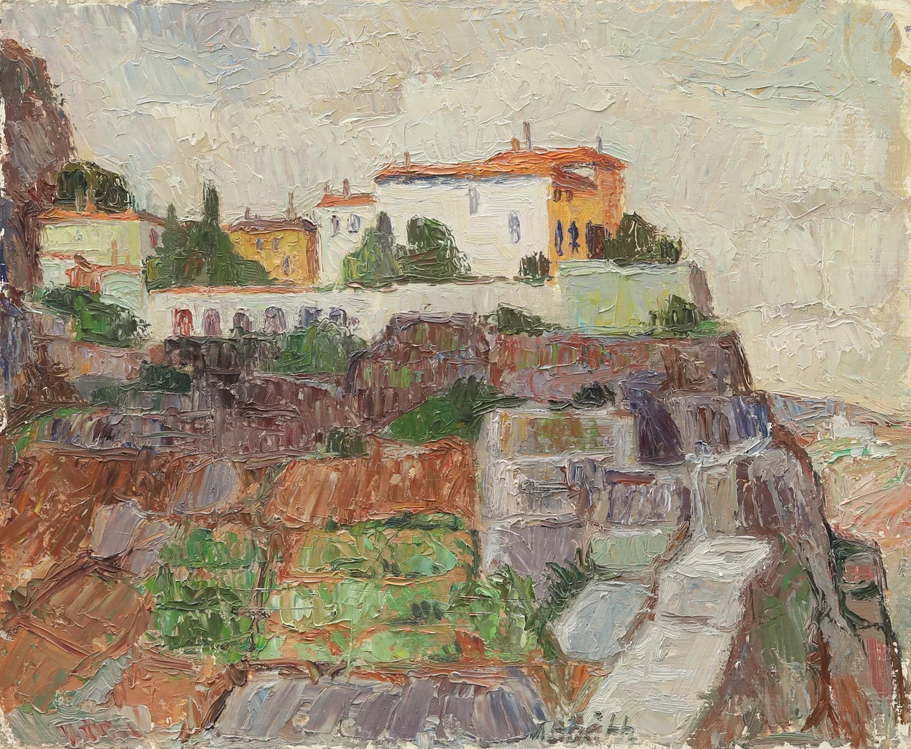 MAJA BÅÅTH (1883-1984). Motiv med hus, Italien, olja på pannå, signerad. — Paintings — Garpenhus Auktioner
