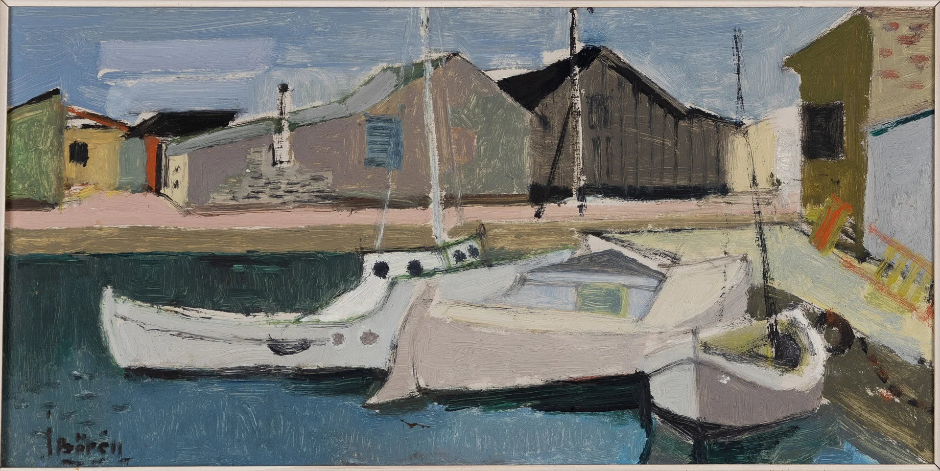 JOHN BÖRÉN. Olja på pannå, hamnmotiv, signerad. — Paintings — Karljohan Auktioner