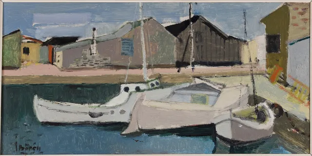 JOHN BÖRÉN. Olja på pannå, hamnmotiv, signerad.