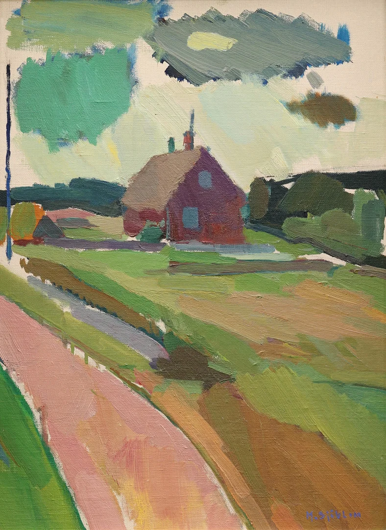 MARTIN SJÖBLOM (1920-2004). "Motiv från Knäbäck", Österlen, olja på pannå, signerad. — Paintings — Garpenhus Auktioner
