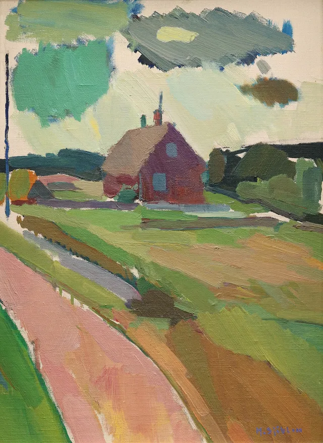 MARTIN SJÖBLOM (1920-2004). "Motiv från Knäbäck", Österlen, olja på pannå, signerad.