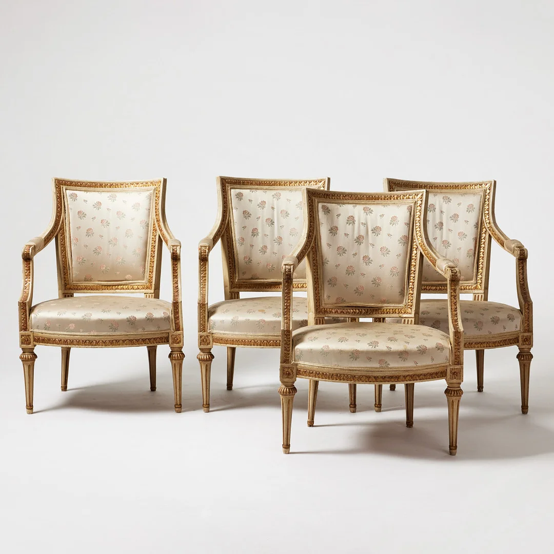 JOHAN LINDGREN (stolmakare i Stockholm 1770-1800), fyra stycken fåtöljer, gustavianska stockholmsarbeten, signerade ILG samt märkta med Stockholms stolmakarämbetes sigill, träskuren dekor. — Armchairs & Chairs — Stockholms Auktionsverk Fine Art