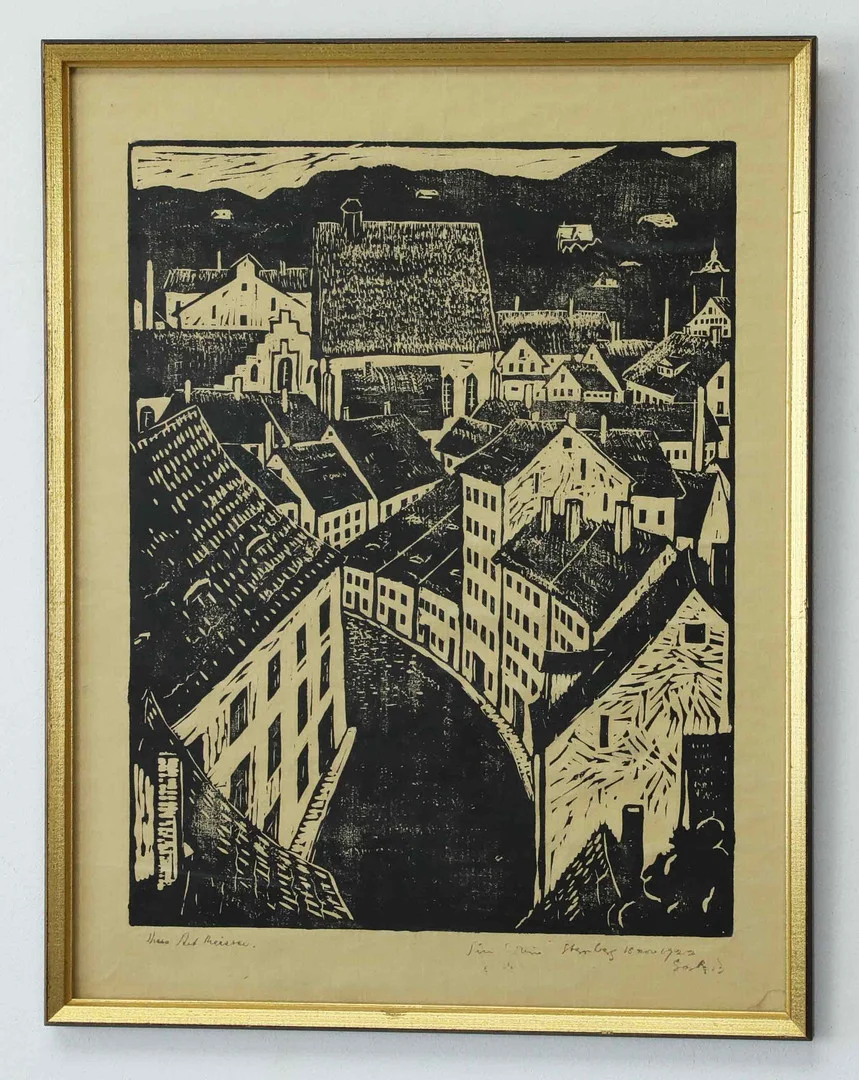 GÖSTA BOHM. Linoleum, stadsbild Meissen, signerad och daterad 1922. — Engravings & Prints — Hälsinglands Auktionsverk