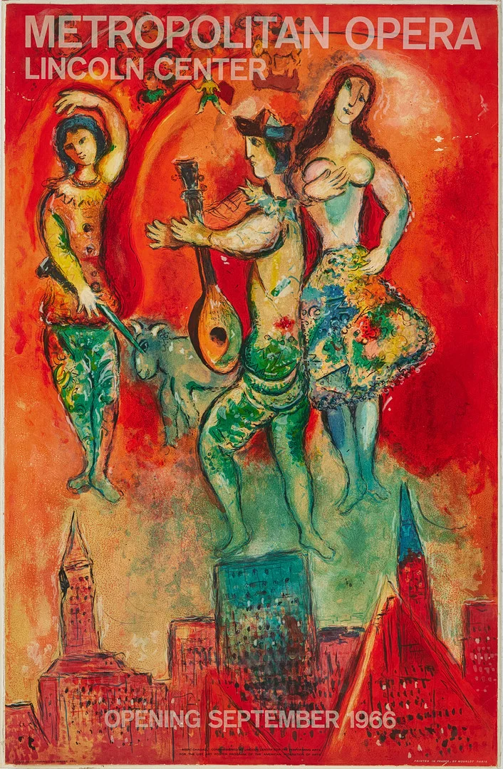 MARC CHAGALL. EFTER. "Carmen", Utställningsaffisch, färglitografi, för Metropolitan Opera, Lincoln Center, tryckt av Mourlot, Paris, 1966. — Engravings & Prints — Stockholms Auktionsverk Magasin 5