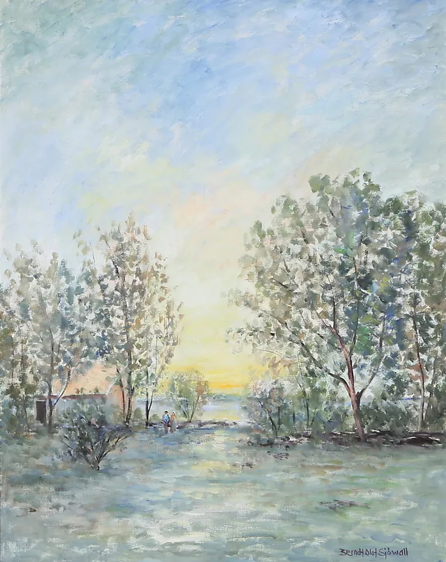 BERNDT OLOF SJÖWALL. "Solnedgång bakom träd", olja på duk, signerad.