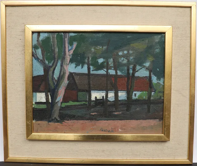 TOM FALROTH. Motiv med hus, oljemålning på duk, signerad.