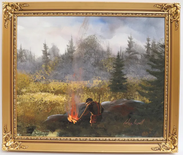 JOHAN ARVALL. Skogsbild med jägare och eld, oljemålning på duk, signerad.