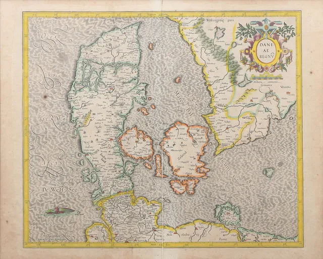 GERHARD MERCATOR. EFTER. Handkolorerat kopparstick. "Daniae Regnv". Danska riket.