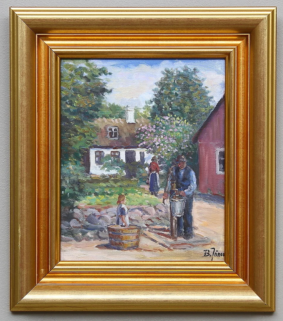 BROR JÖNSSON. Man och barn vid vattenpump. Olja på duk. Signerad B.Jönsson. — Paintings — Gomér & Andersson Linköping