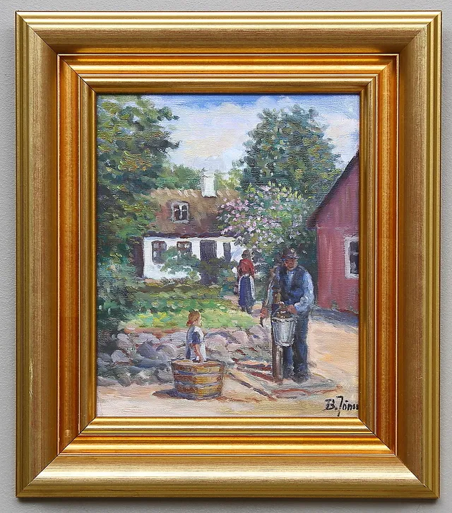 BROR JÖNSSON. Man och barn vid vattenpump. Olja på duk. Signerad B.Jönsson.