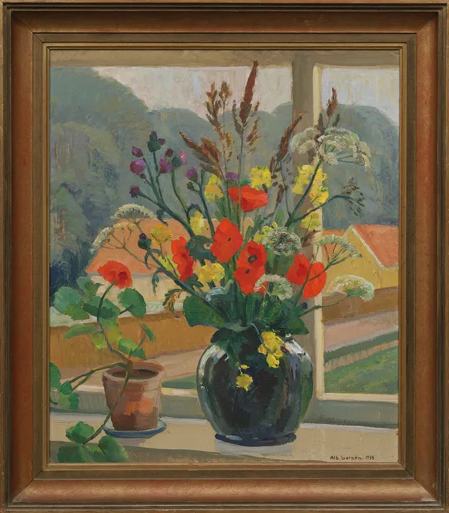 ALBERT LARSEN. STILLEBEN MED VALLMO", olja på pannå, signerad och daterad 1938.