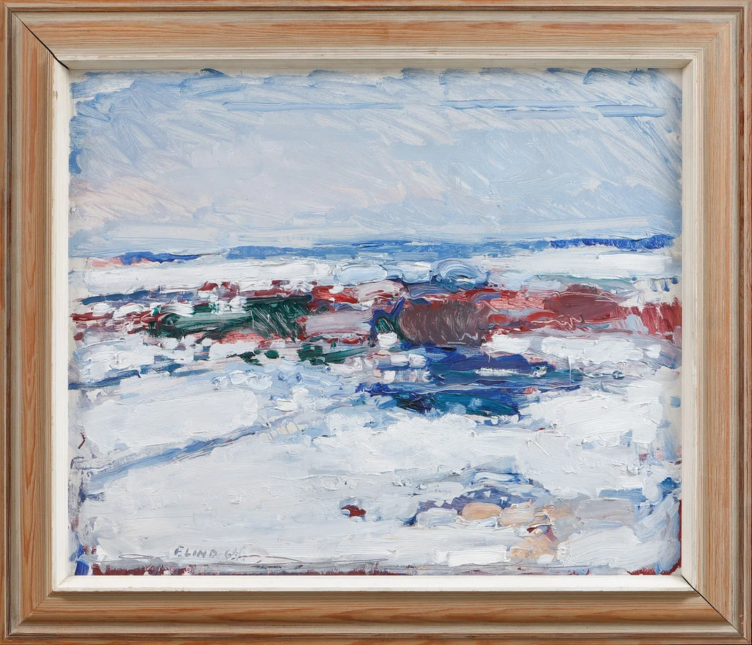 FOLKE LIND. "Ljung och snö", Olja på pannå, signerad och daterad -64. — Paintings — Göteborgs Auktionsverk