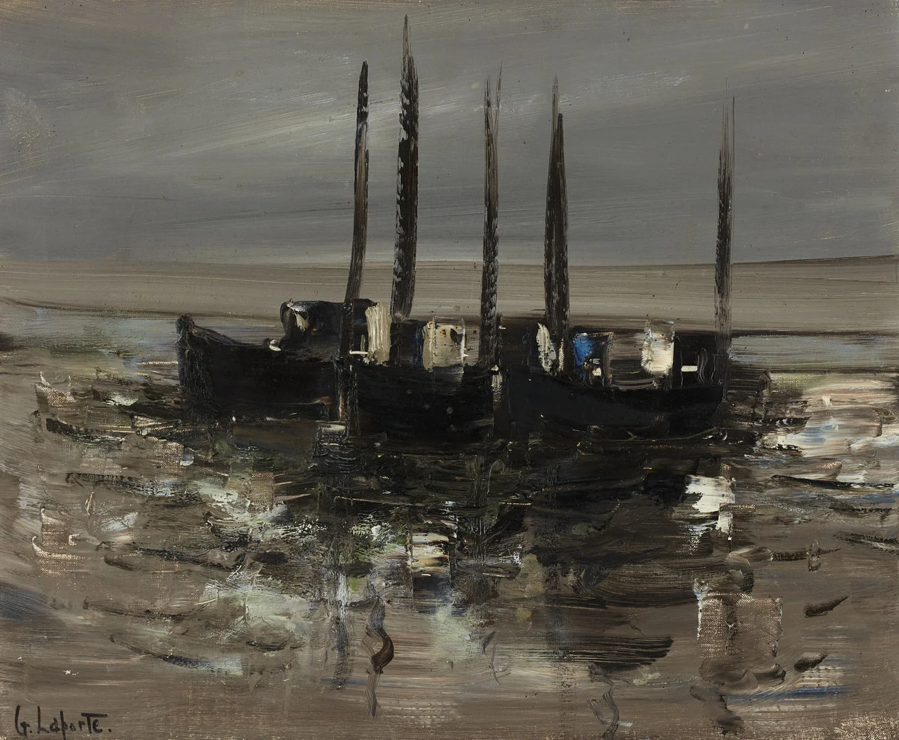 GEORGES LAPORTE (Frankrike, 1920–2000). Ankrade båtar, signerad, olja på duk. — Paintings — Crafoord Auktioner Stockholm
