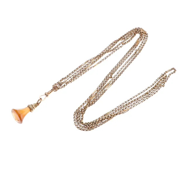 A 9CT GOLD WATCH CHAIN.