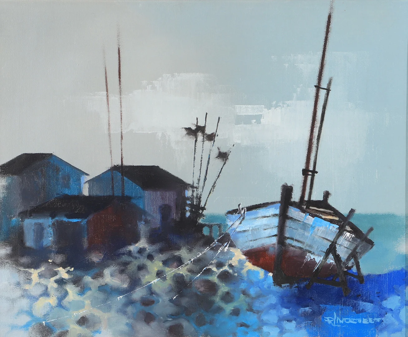 ROLF LINDSTEDT. "Ålabodarna",olja på duk, signerad R. Lindstedt. — Paintings — Helsingborgs Auktionskammare