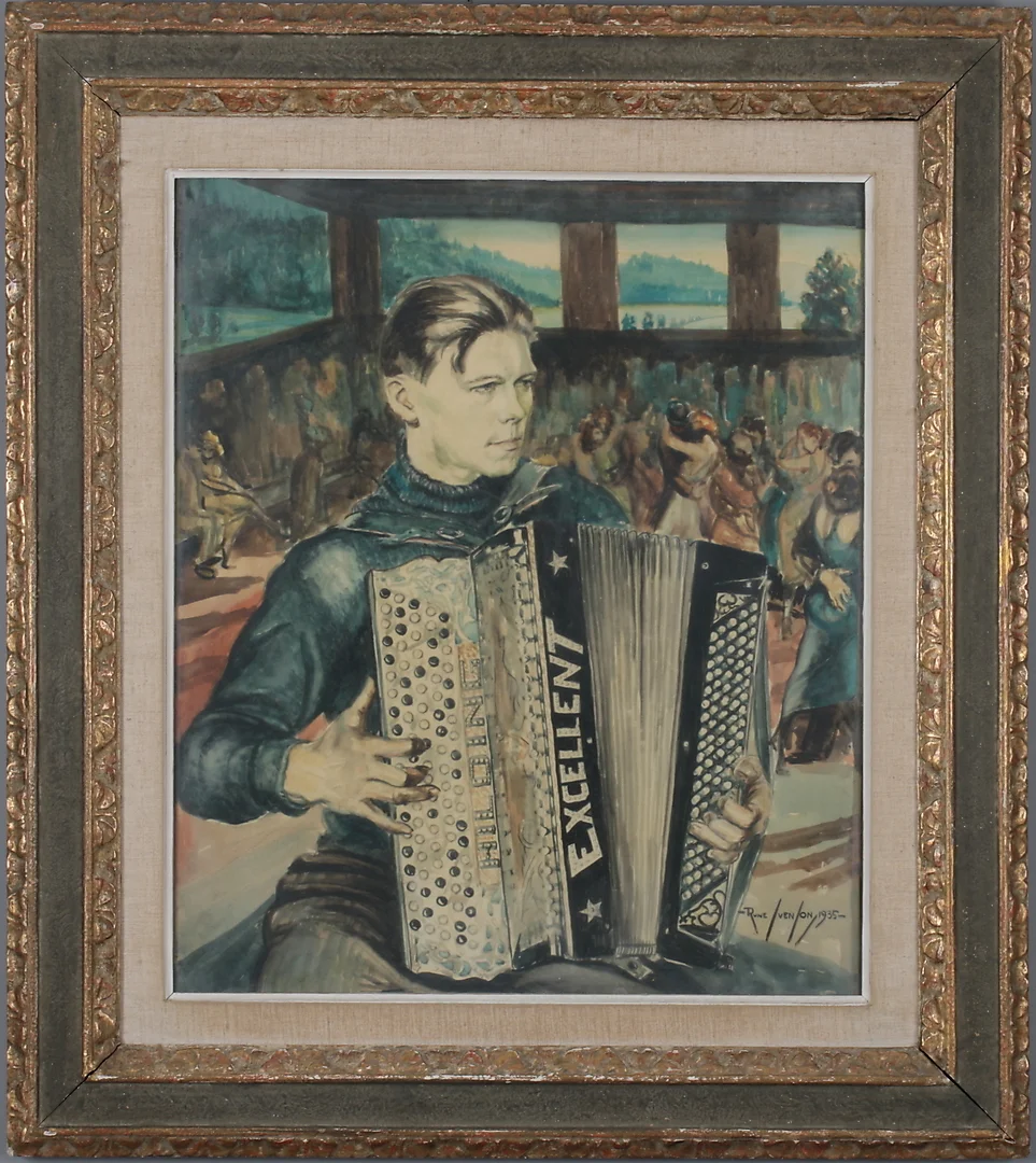 RUNE SIGVARD. Dragspelare, akvarell på papper, signerad Rune Ven on, daterad 1935-. — Paintings — Stadsauktion Sundsvall