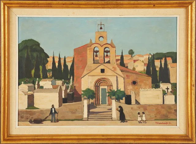 GÖSTA SUNDVALL (1900-1957). Figurer vid kyrka, olja på pannå, signerad och daterad 56.