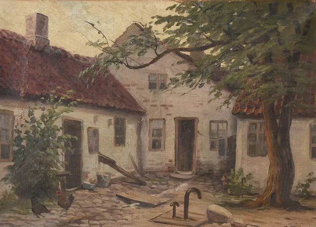 EDMUND FISCHER. (1889-1952). Gårdparti, olie på lærred. Sign. E. Fischer.