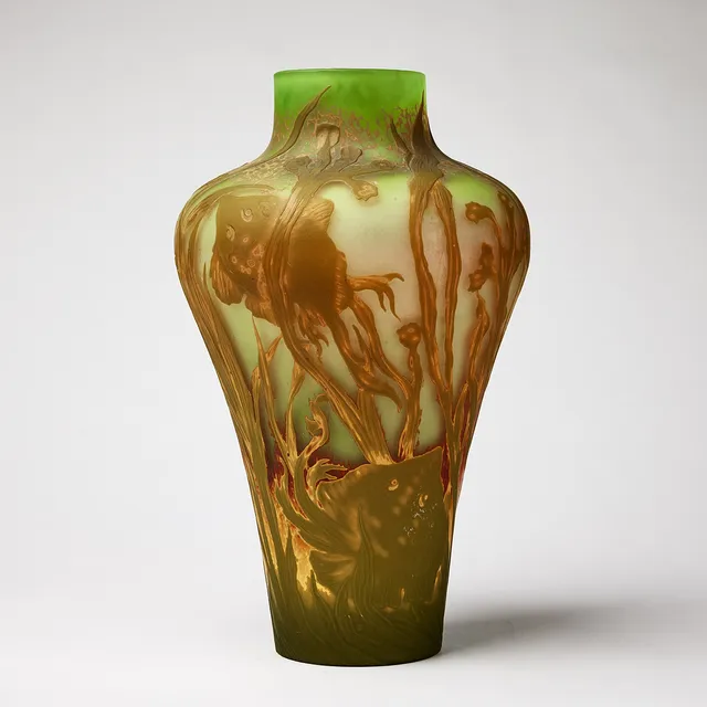 ALF WALLANDER. Vase, Reijmyre 1913, unique, underlay in green and overlay in yellow-brown and reddish-brown.