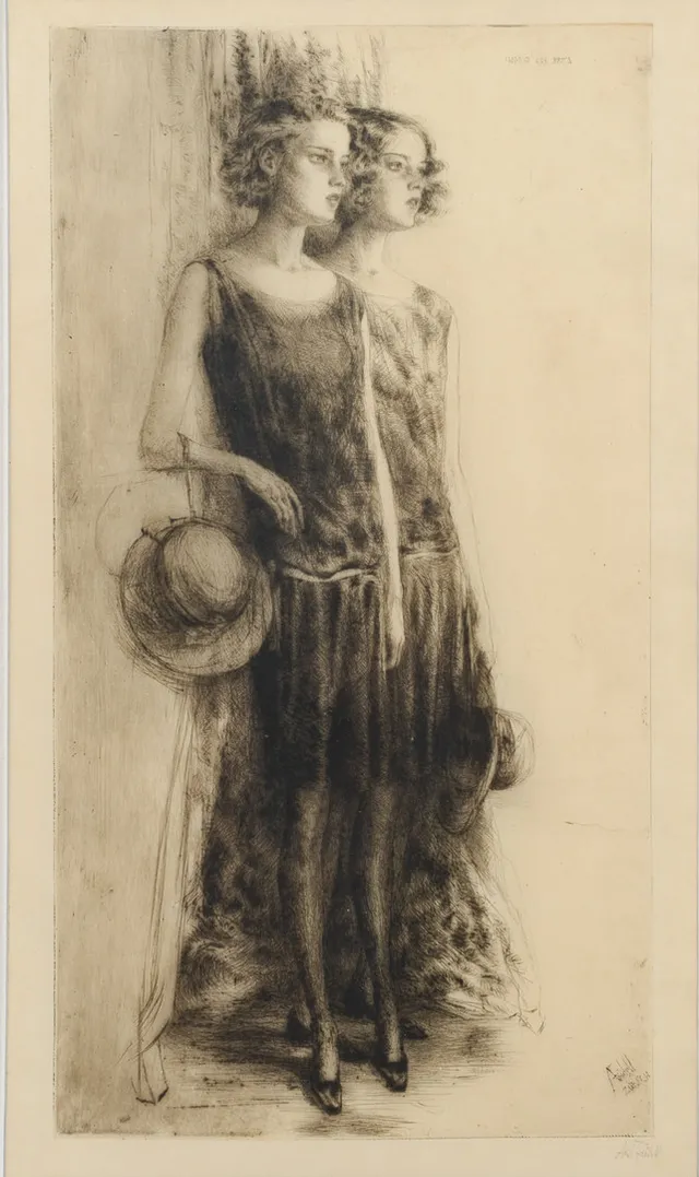 AXEL FRIDELL. "Systrarna (Ingrid & Brita)", torrnål, III état, signerad i plåten samt med blyerts, Zürich, 1928.
