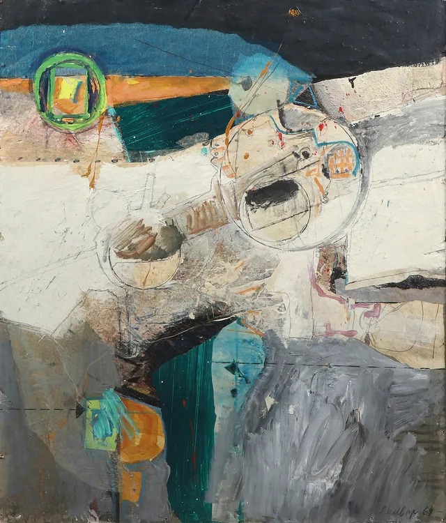 POUL SKELBYE. BLANDTEKNIK/COLLAGE. Abstrakt komposition. Signerad.
